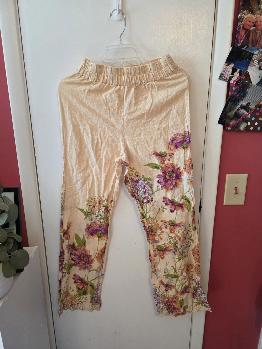Deja Bleu Floral Cotton Pants Boho Peach Elastic Waist Size S